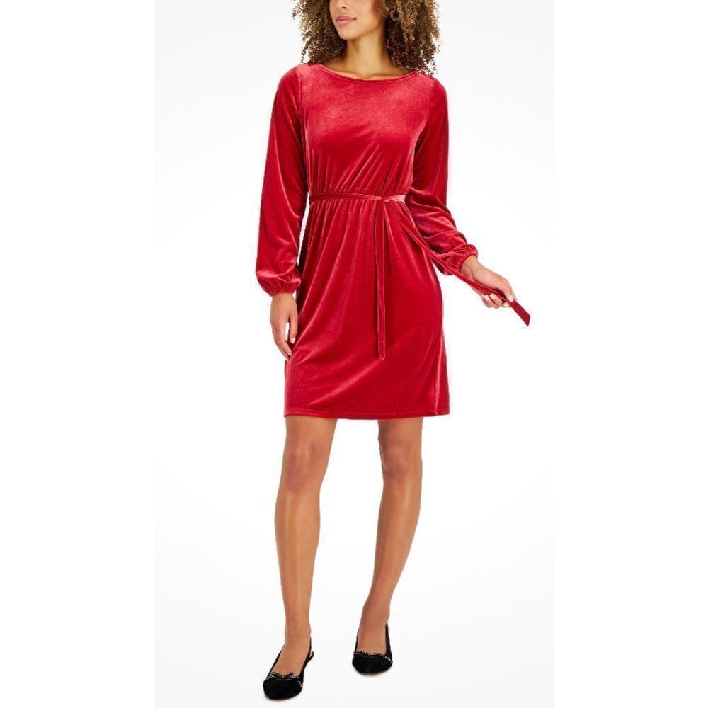 Charter Club Red Velvet Dress Pearl Accent Self Tie Sz S